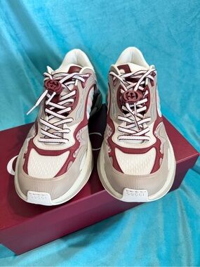 Gucci Rhyton-Style Women’s Sneakers in Beige and Burgundy